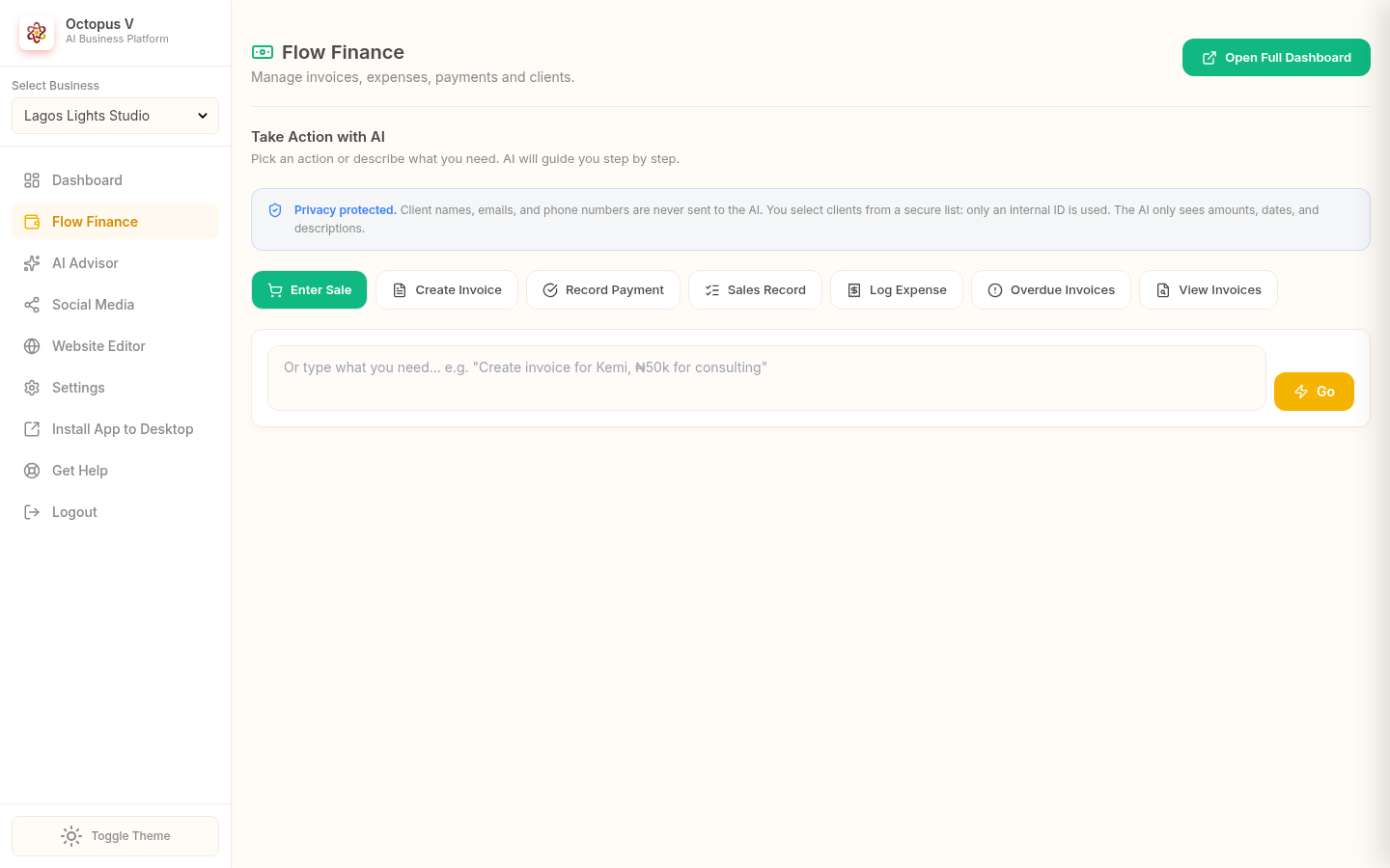 Octopus V dashboard with business selector