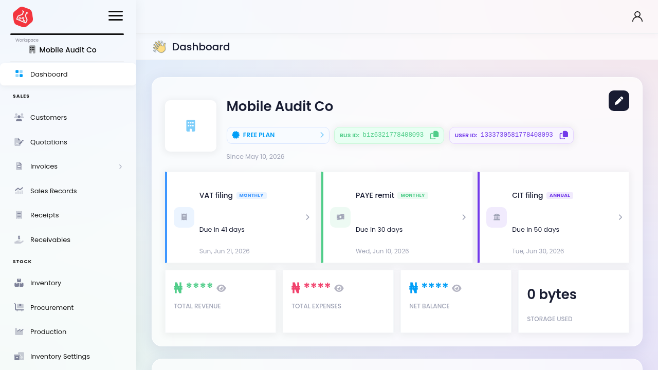 Octopus V finance dashboard with VAT, PAYE, and CIT compliance