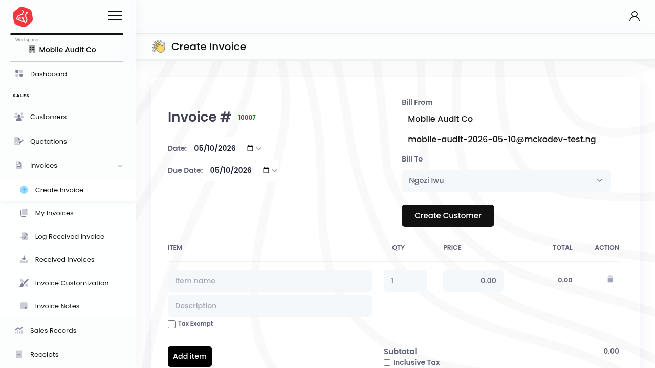 Octopus V invoice creation page