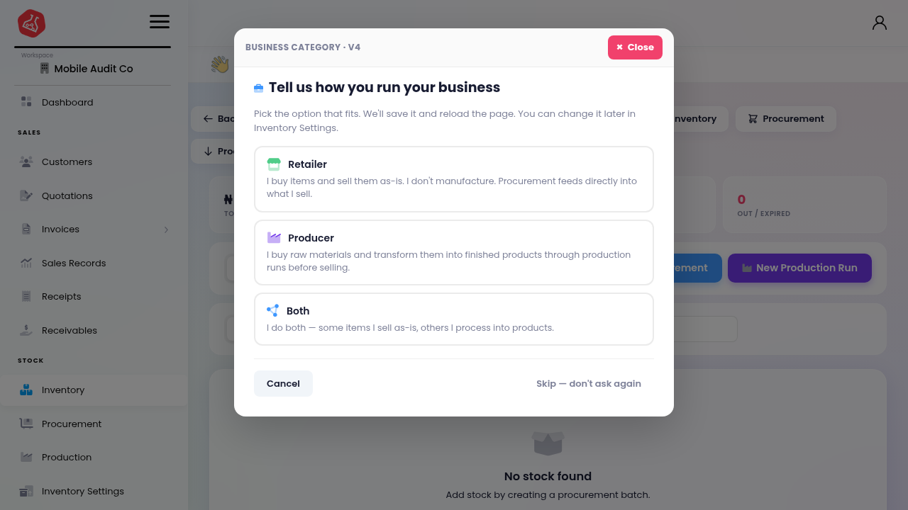Inventory mode selector: Retailer, Producer, or Both