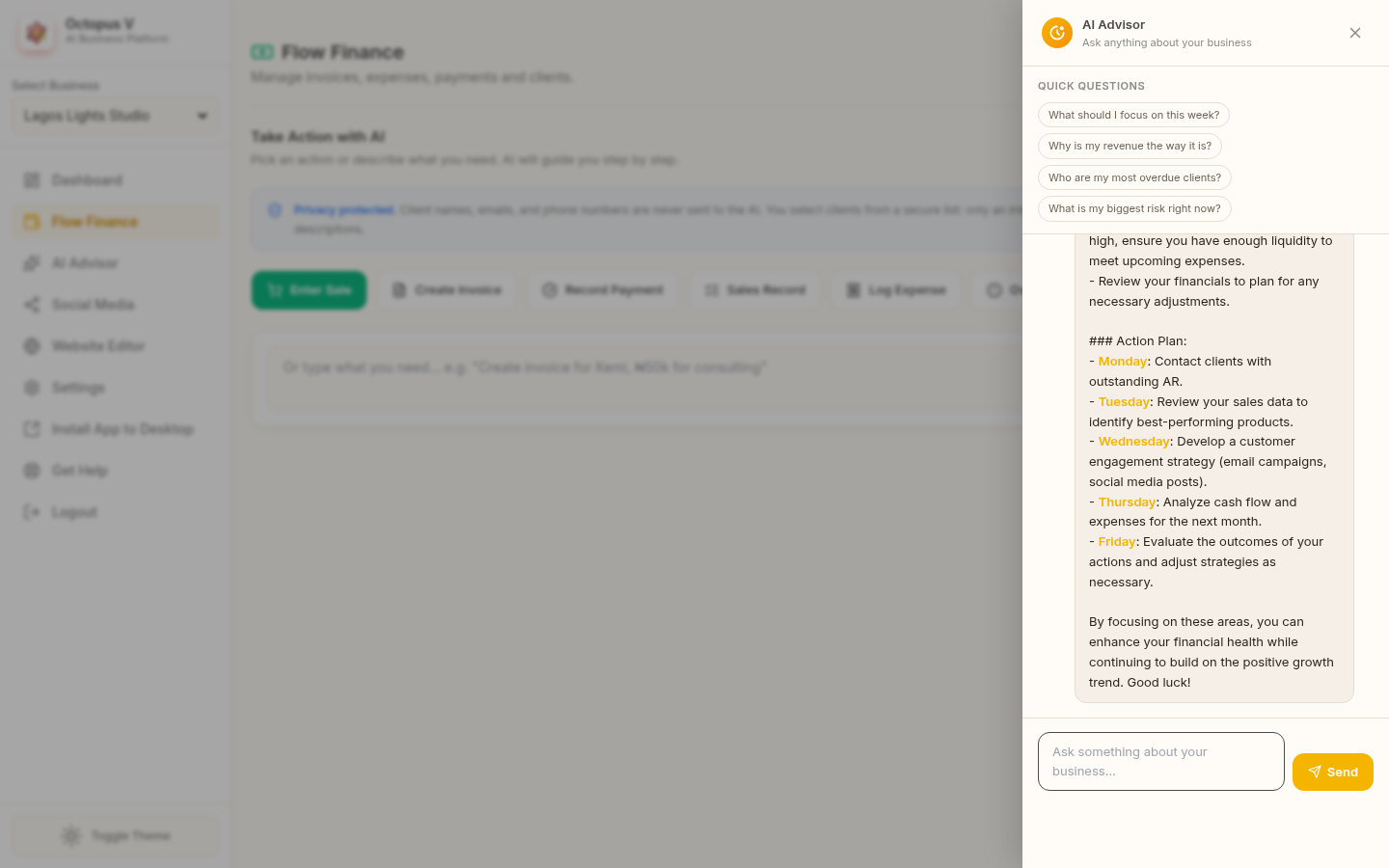 AI Business Advisor with weekly action plan