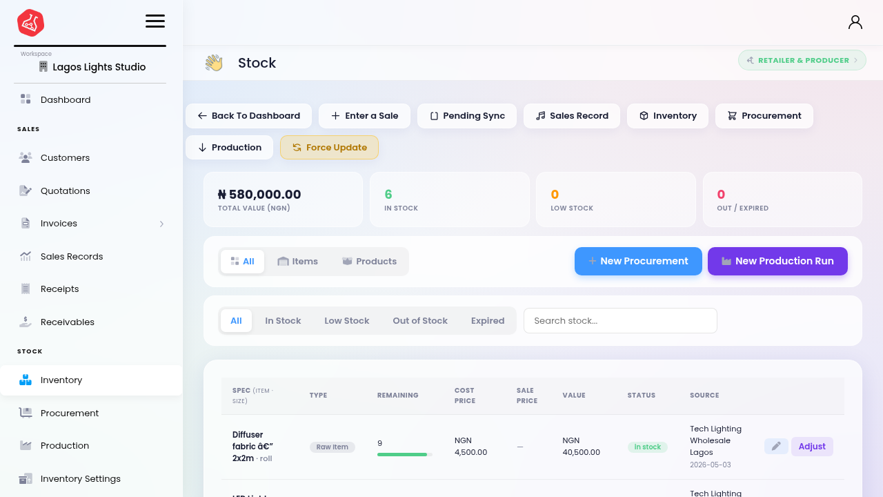 Inventory list with stock levels, cost, and value in Naira