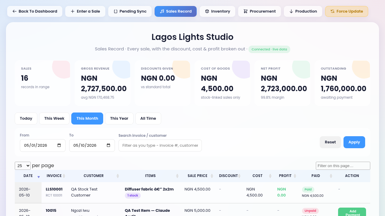 Octopus V on desktop: sales record with net profit and revenue in Naira