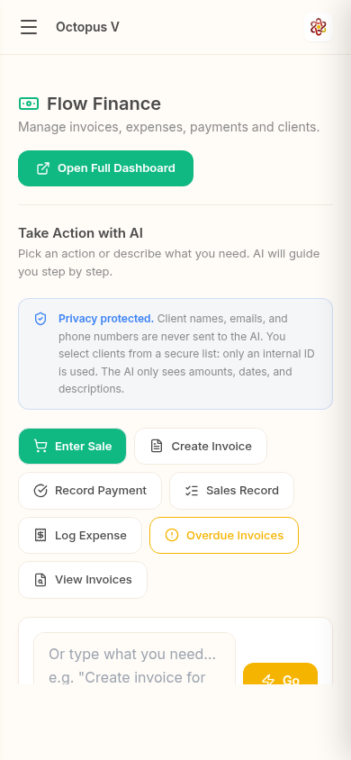 Octopus V on mobile: dashboard with action buttons
