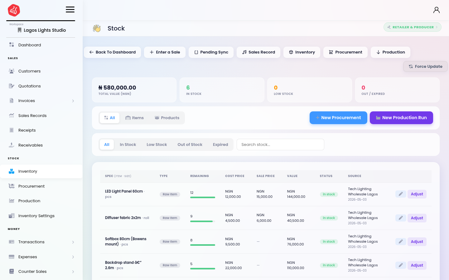 Inventory list with stock levels, cost, and value in Naira